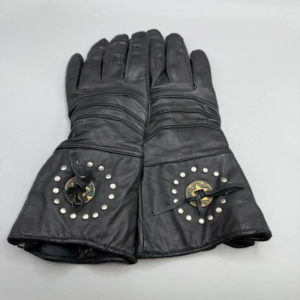 Vintage Studded Leather Motorcycle Gauntlet Gloves Womens XS Black Riding Gear
